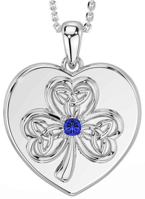 Sapphire White Gold Celtic Heart Shamrock Trinity Knot Necklace