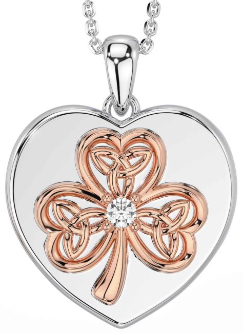 Diamond White Rose Gold Celtic Heart Shamrock Trinity Knot Necklace