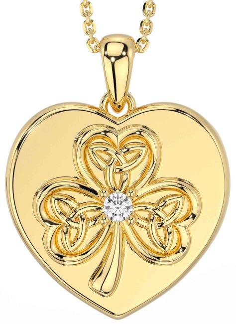 Diamond Gold Celtic Heart Shamrock Trinity Knot Necklace