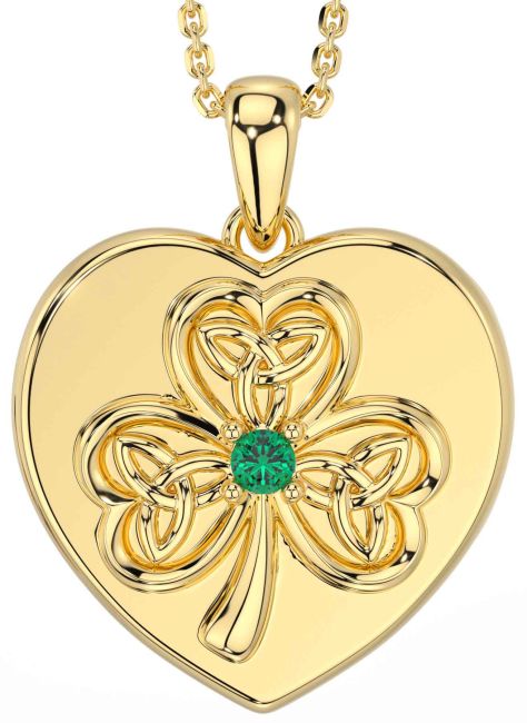 Emerald Gold Celtic Heart Shamrock Trinity Knot Necklace