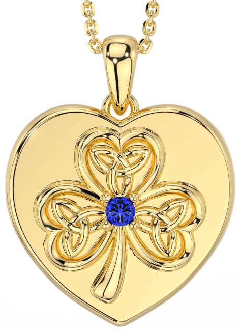 Sapphire Gold Celtic Heart Shamrock Trinity Knot Necklace