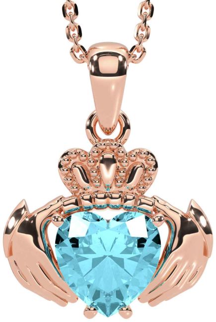 Aquamarine Rose Gold Silver Claddagh Necklace