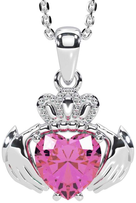 Pink Tourmaline Silver Claddagh Necklace