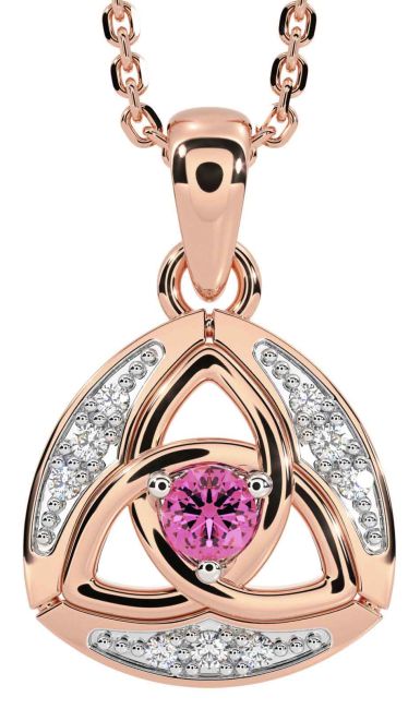 Diamond Pink Tourmaline Rose Gold Silver Celtic Trinity Knot Necklace