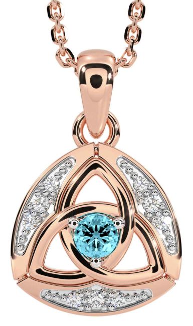 Diamond Aquamarine Rose Gold Celtic Trinity Knot Necklace