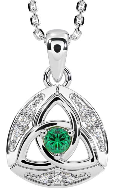 Diamond Emerald Silver Celtic Trinity Knot Necklace