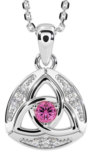 Diamond Pink Tourmaline Silver Celtic Trinity Knot Necklace