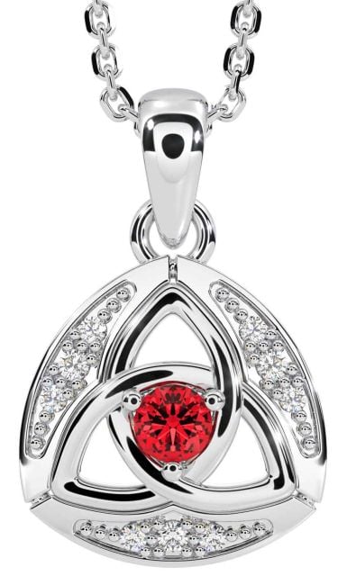 Diamond Ruby Silver Celtic Trinity Knot Necklace