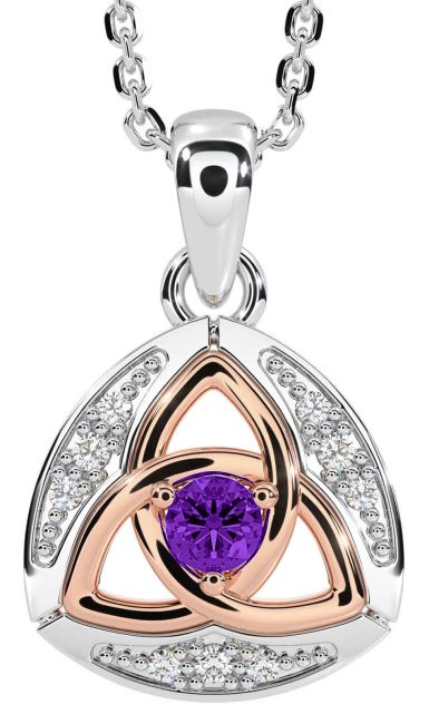 Diamond Amethyst Rose Gold Silver Celtic Trinity Knot Necklace