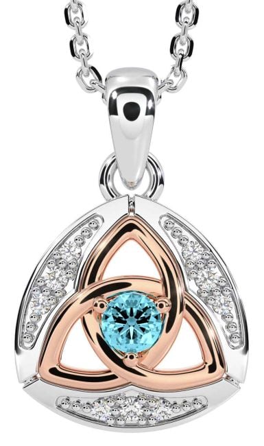 Diamond Aquamarine Rose Gold Silver Celtic Trinity Knot Necklace