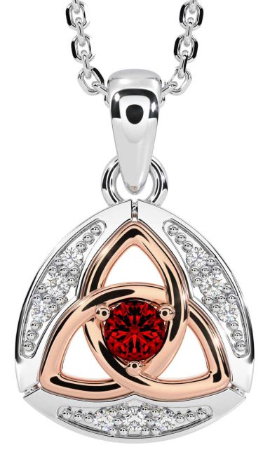 Diamond Garnet Rose Gold Silver Celtic Trinity Knot Necklace