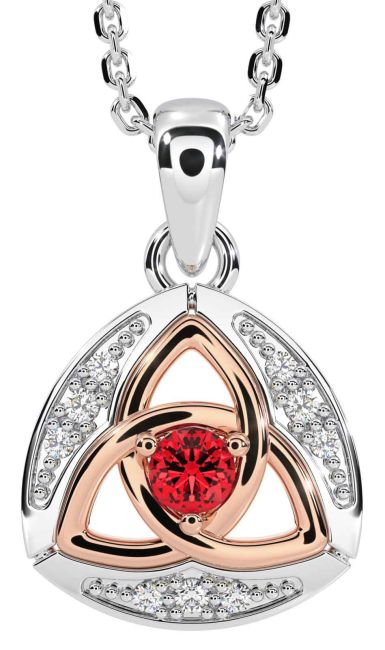 Diamond Ruby Rose Gold Silver Celtic Trinity Knot Necklace