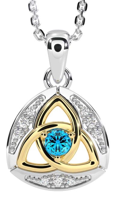 Diamond Topaz Gold Silver Celtic Trinity Knot Necklace