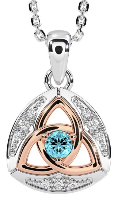 Diamond Aquamarine White Rose Gold Celtic Trinity Knot Necklace