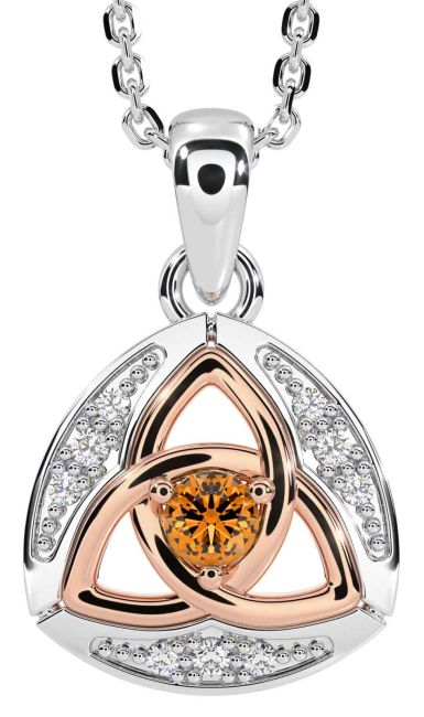 Diamond Citrine White Rose Gold Celtic Trinity Knot Necklace