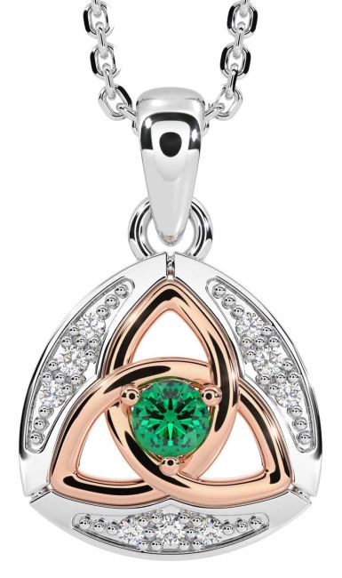 Diamond Emerald White Rose Gold Celtic Trinity Knot Necklace