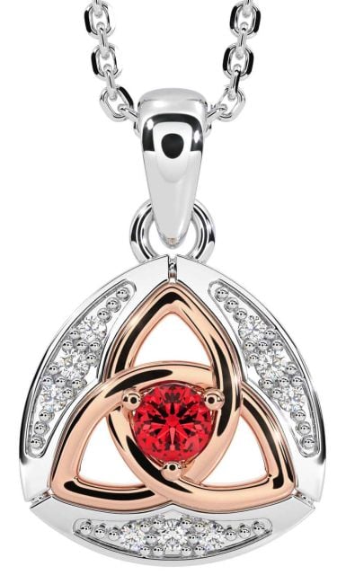 Diamond Ruby White Rose Gold Celtic Trinity Knot Necklace