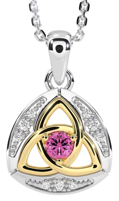 Diamond Pink Tourmaline White Yellow Gold Celtic Trinity Knot Necklace