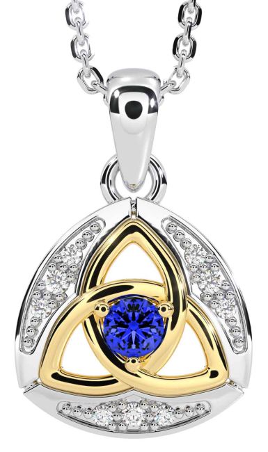 Diamond Sapphire White Yellow Gold Celtic Trinity Knot Necklace