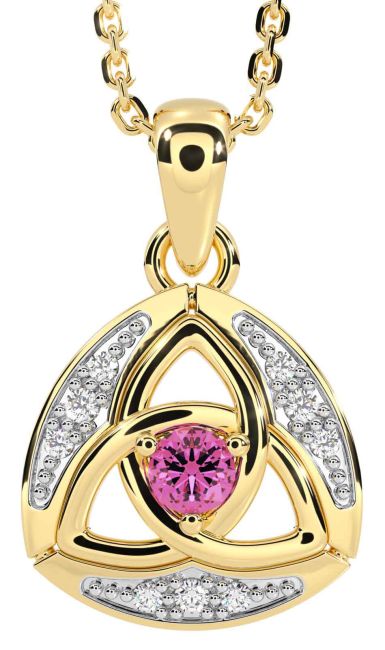 Diamond Pink Tourmaline Gold Celtic Trinity Knot Necklace