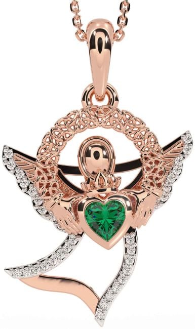 Diamond Emerald Rose Gold Silver Claddagh Celtic Trinity Knot Necklace