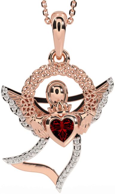 Diamond Garnet Rose Gold Silver Claddagh Celtic Trinity Knot Necklace