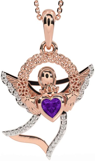 Diamond Amethyst Rose Gold Claddagh Celtic Trinity Knot Necklace