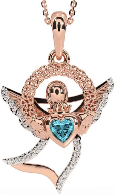 Diamond Aquamarine Rose Gold Claddagh Celtic Trinity Knot Necklace