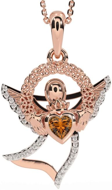 Diamond Citrine Rose Gold Claddagh Celtic Trinity Knot Necklace