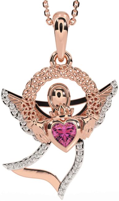Diamond Pink Tourmaline Rose Gold Claddagh Celtic Trinity Knot Necklace
