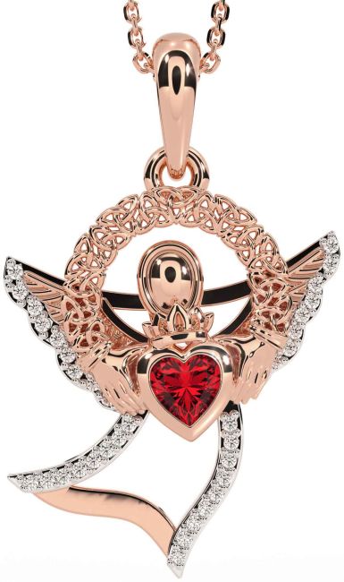 Diamond Ruby Rose Gold Claddagh Celtic Trinity Knot Necklace