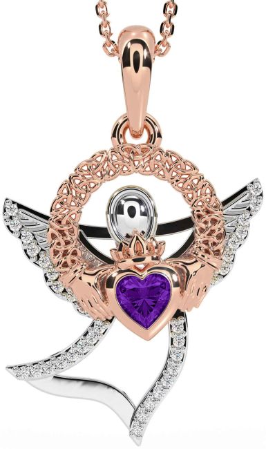 Diamond Amethyst White Rose Gold Claddagh Celtic Trinity Knot Necklace
