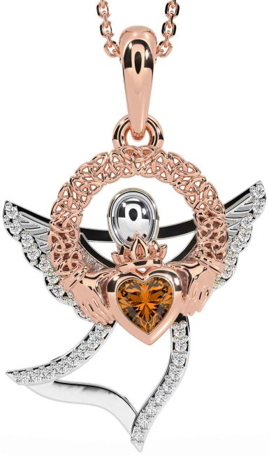 Diamond Citrine White Rose Gold Claddagh Celtic Trinity Knot Necklace