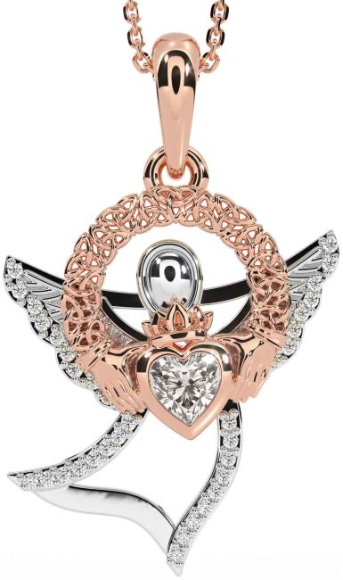 Diamond White Rose Gold Claddagh Celtic Trinity Knot Necklace