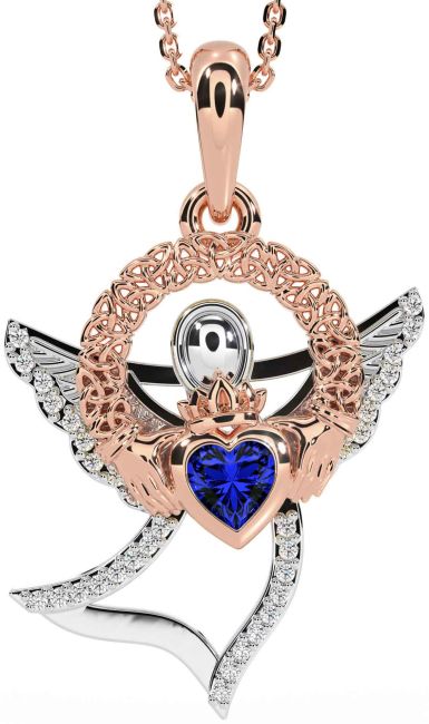 Diamond Sapphire White Rose Gold Claddagh Celtic Trinity Knot Necklace