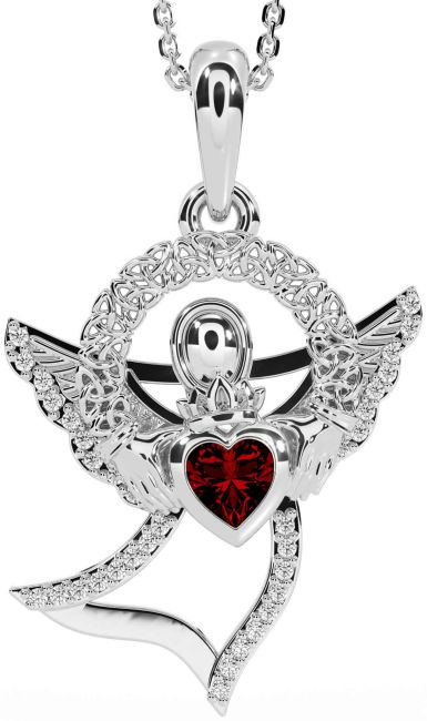 Diamond Garnet Silver Claddagh Celtic Trinity Knot Necklace