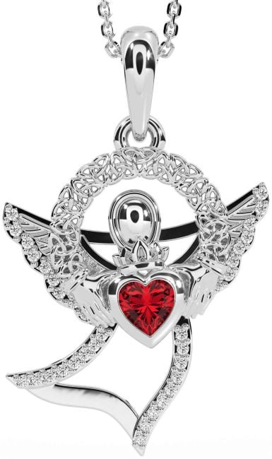 Diamond Ruby Silver Claddagh Celtic Trinity Knot Necklace