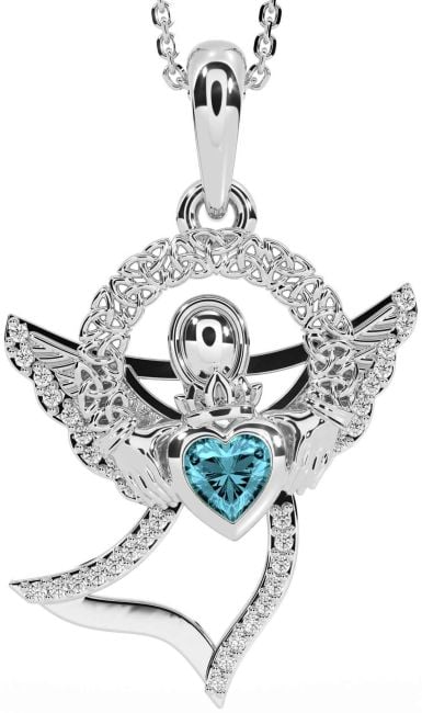 Diamond Aquamarine White Gold Claddagh Celtic Trinity Knot Necklace