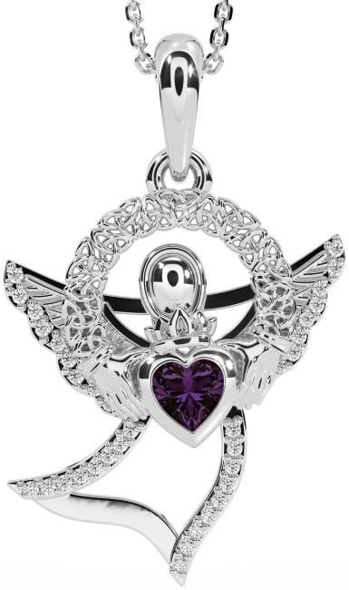 Diamond Alexandrite White Gold Claddagh Celtic Trinity Knot Necklace