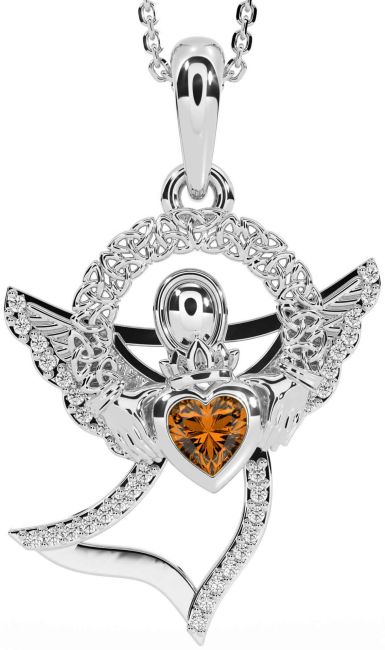 Diamond Citrine White Gold Claddagh Celtic Trinity Knot Necklace