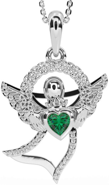 Diamond Emerald White Gold Claddagh Celtic Trinity Knot Necklace
