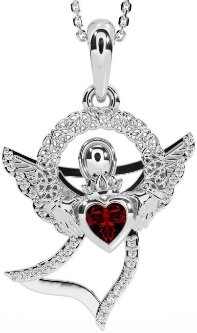 Diamond Garnet White Gold Claddagh Celtic Trinity Knot Necklace