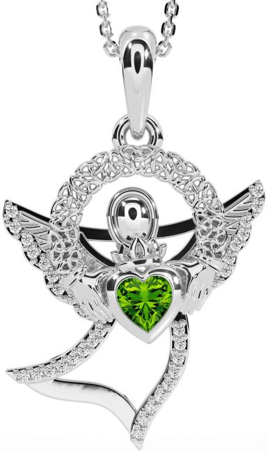 Diamond Peridot White Gold Claddagh Celtic Trinity Knot Necklace