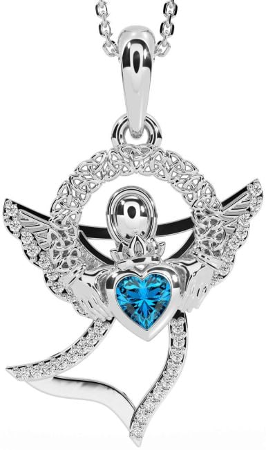 Diamond Topaz White Gold Claddagh Celtic Trinity Knot Necklace