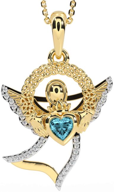 Diamond Aquamarine Gold Claddagh Celtic Trinity Knot Necklace