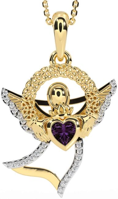 Diamond Alexandrite Gold Claddagh Celtic Trinity Knot Necklace