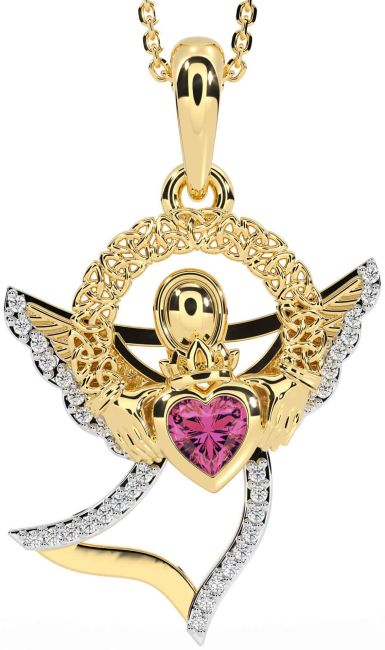Diamond Pink Tourmaline Gold Claddagh Celtic Trinity Knot Necklace