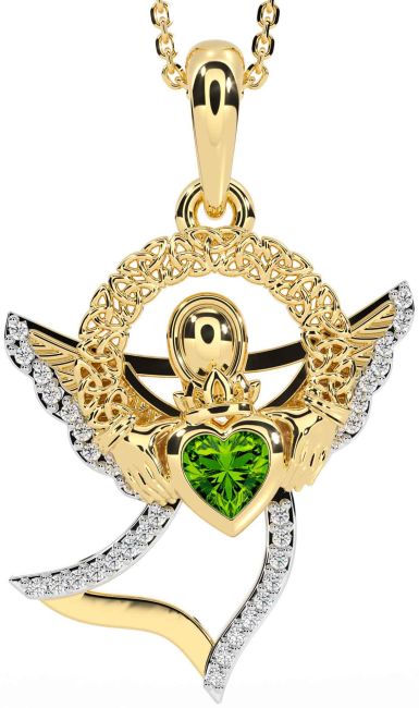 Diamond Peridot Gold Claddagh Celtic Trinity Knot Necklace
