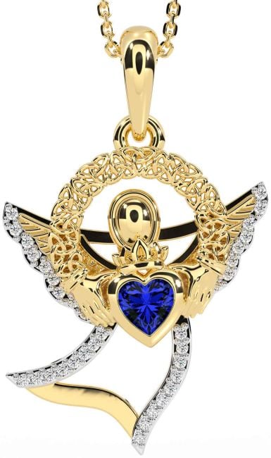 Diamond Sapphire Gold Claddagh Celtic Trinity Knot Necklace