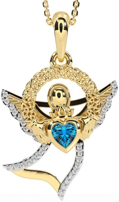 Diamond Topaz Gold Claddagh Celtic Trinity Knot Necklace